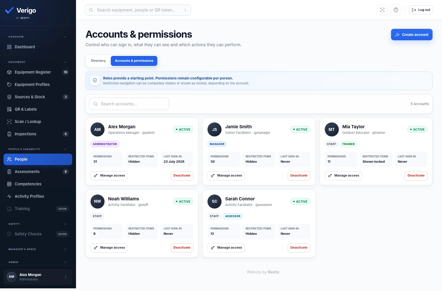 Verigo accounts and permissions workspace