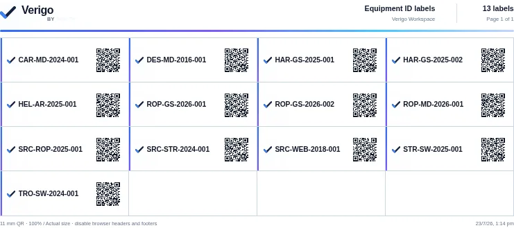 Verigo equipment ID and QR label sheet